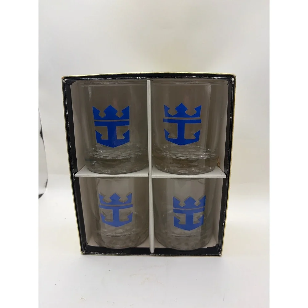 Royal Caribbean International Rocks Glasses Set of 4‎ Blue Crown Anchor 3.25